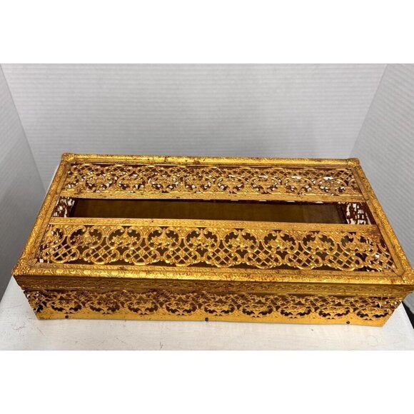 Tissue Box Cover Hollywood Regency Gold Tone MCM VTG Brass Filagree - Picture 2 of 7
